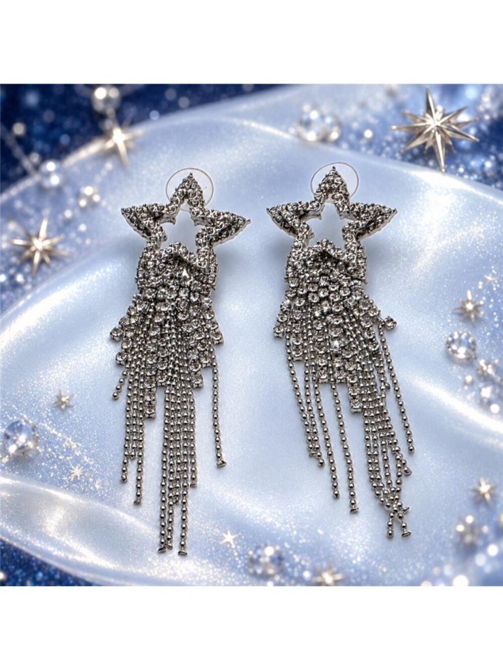 Silver Tone Clear Rhinestone Star Tassel Earrings Long Fringe Statement 3.25"
